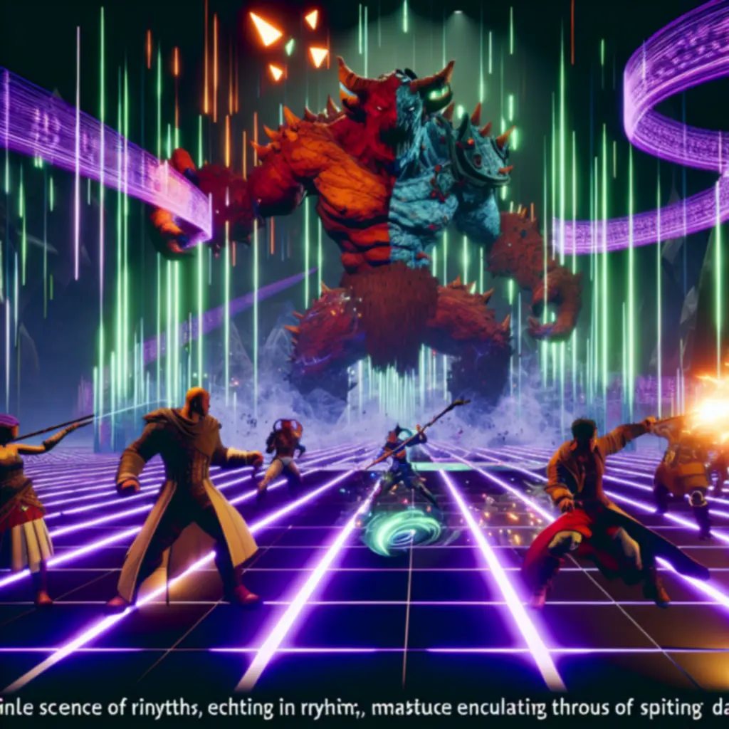 Dynamiczna walka z bossem w neonowym lochu przy rytmicznej ścieżce dźwiękowej