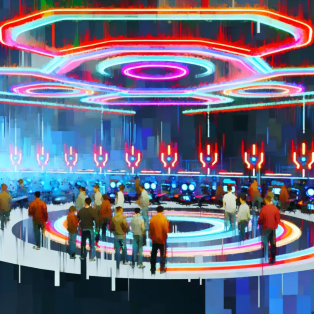 Neonowy klub przypominający dungeon Crunchyroll: NecroDancer, pełen graczy przy automatach arcade