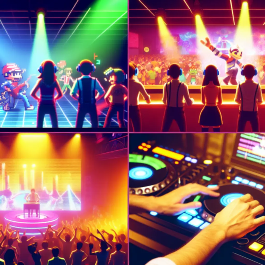 Koncertowa scena z neonowym oświetleniem, DJ gra remiks soundtracku NecroDancer przed publicznością