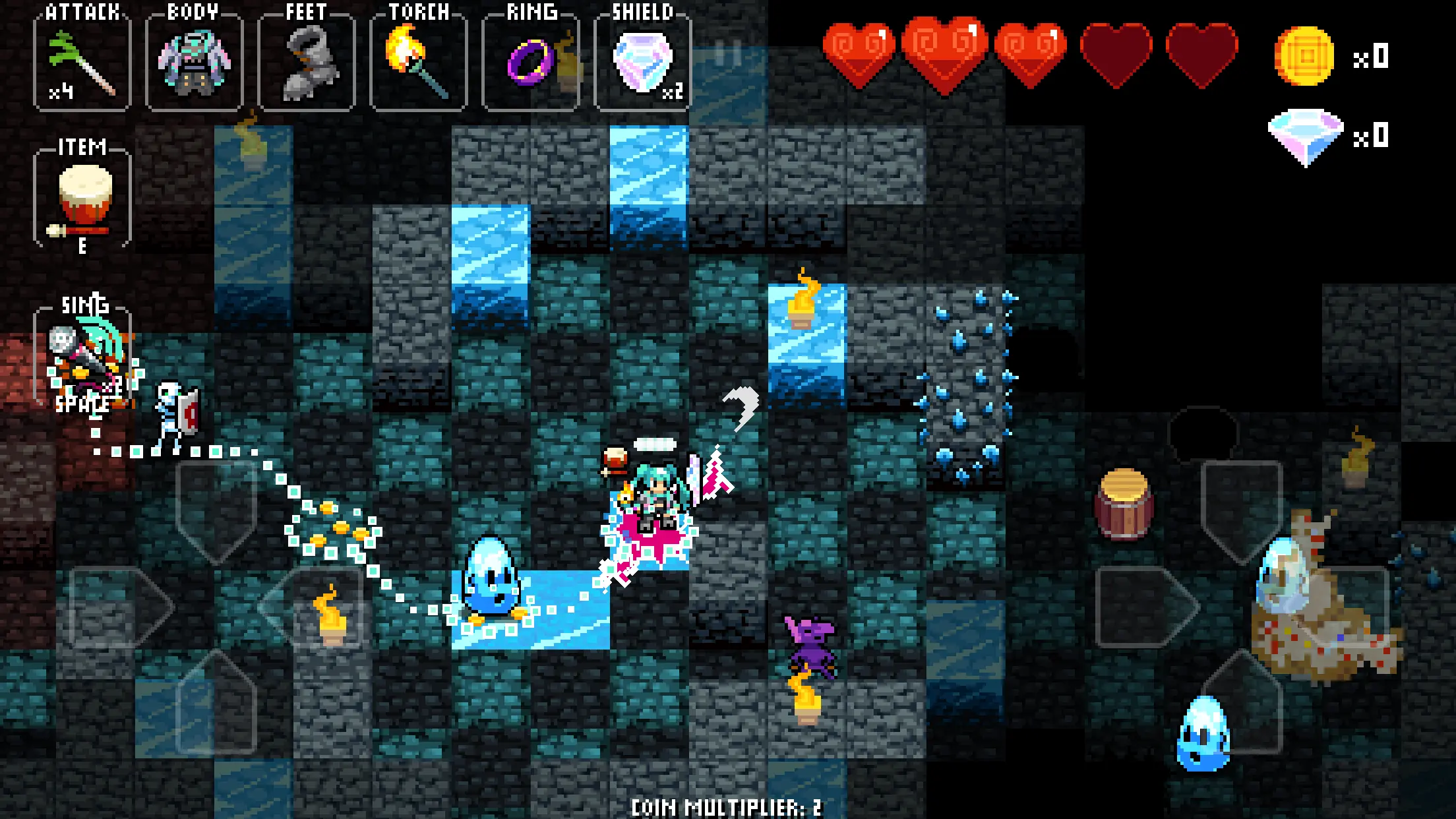 Gracz eksplorujący neonowo oświetlony loch w stylu retro-fantasy