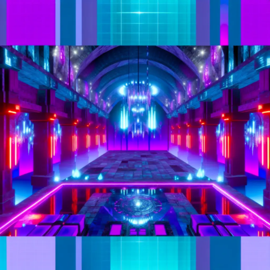 Neonowy loch Crunchyroll: NecroDancer w głębokiej czerni, rozświetlony błękitnymi i purpurowymi światłami.