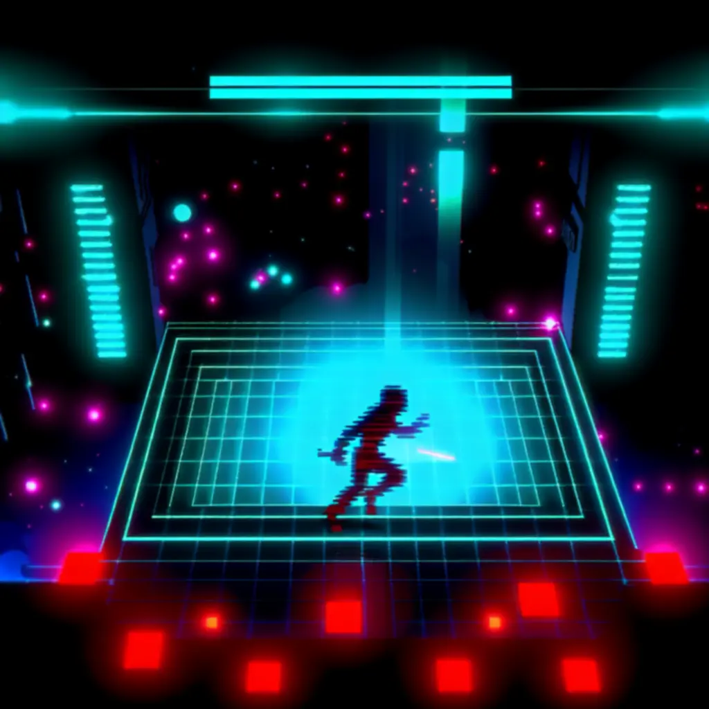 Neonowy loch z widoczną postacią gracza i wrogami w rytmicznym układzie pola walki.