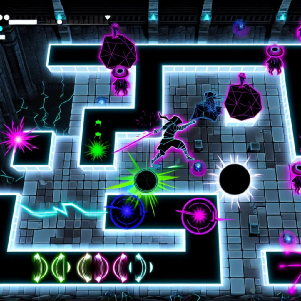 Dynamiczna scena rozgrywki z neonowymi efektami, bohaterem unikającym pułapek w rytm muzyki.