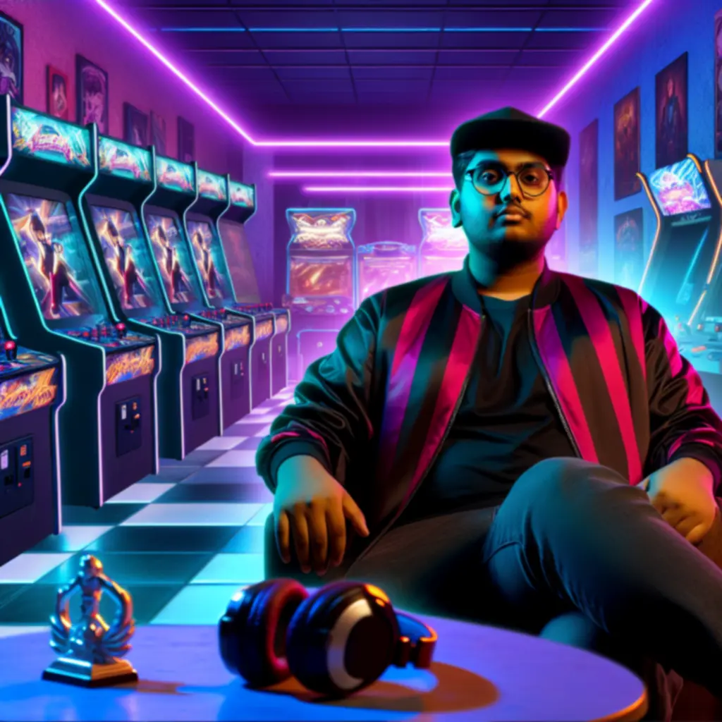 Gracz stoi przy neonowym automacie arcade w klimacie Crunchyroll: NecroDancer