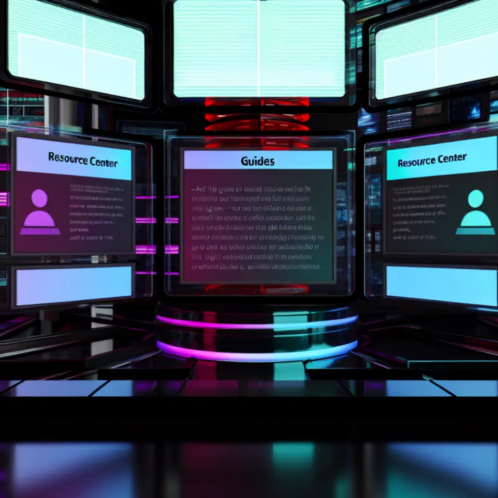 Neonowe centrum wiedzy z panelami informacji i przewodników o grze.