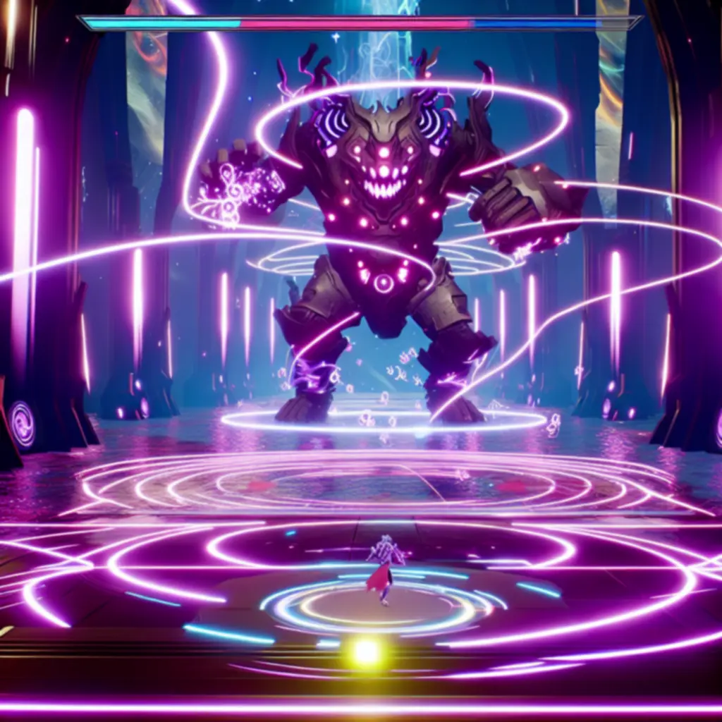 Arena walki z bossem w neonowych kolorach, z pulsującym rytmem i efektami świetlnymi.