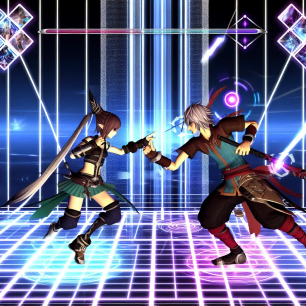 Dwóch graczy walczących w neonowej arenie PvP w rytm muzyki