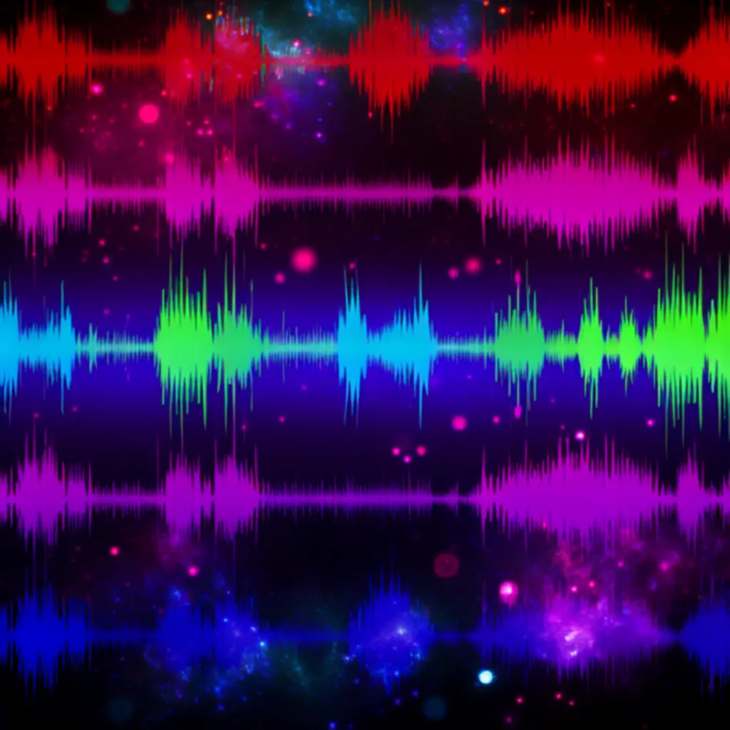 Neonowa wizualizacja fal dźwiękowych w stylu retro-fantasy, zsynchronizowana z muzyką